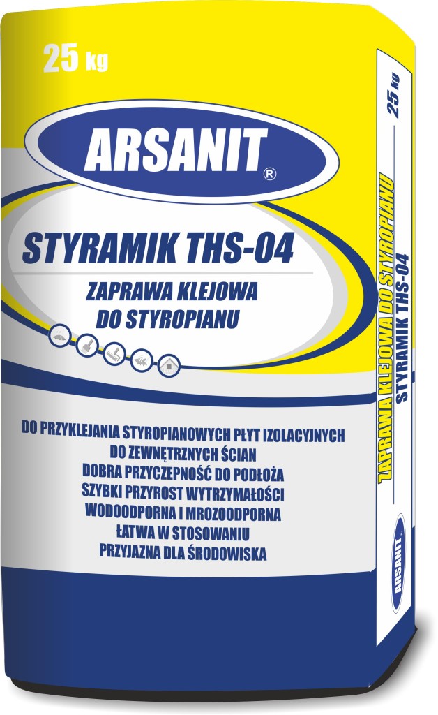 Wodoodporny specjalistyczny klej STYRAMIK THS-04 marki ARSANIT do mocowania płyt styropianowych. Fot. ARSANIT